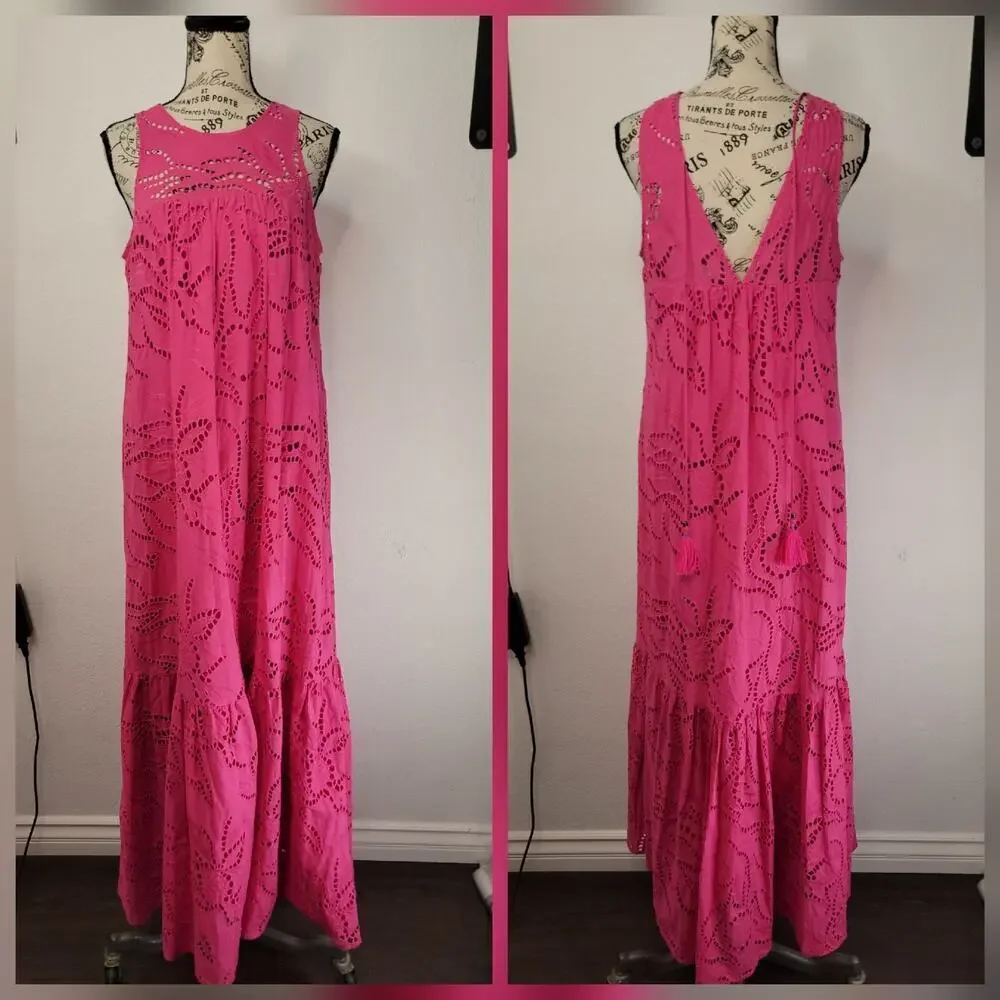 Anthropologie Maeve Maxi Dress Belrose Eyelet Pink Tassel Back Tie Boho Long XS
